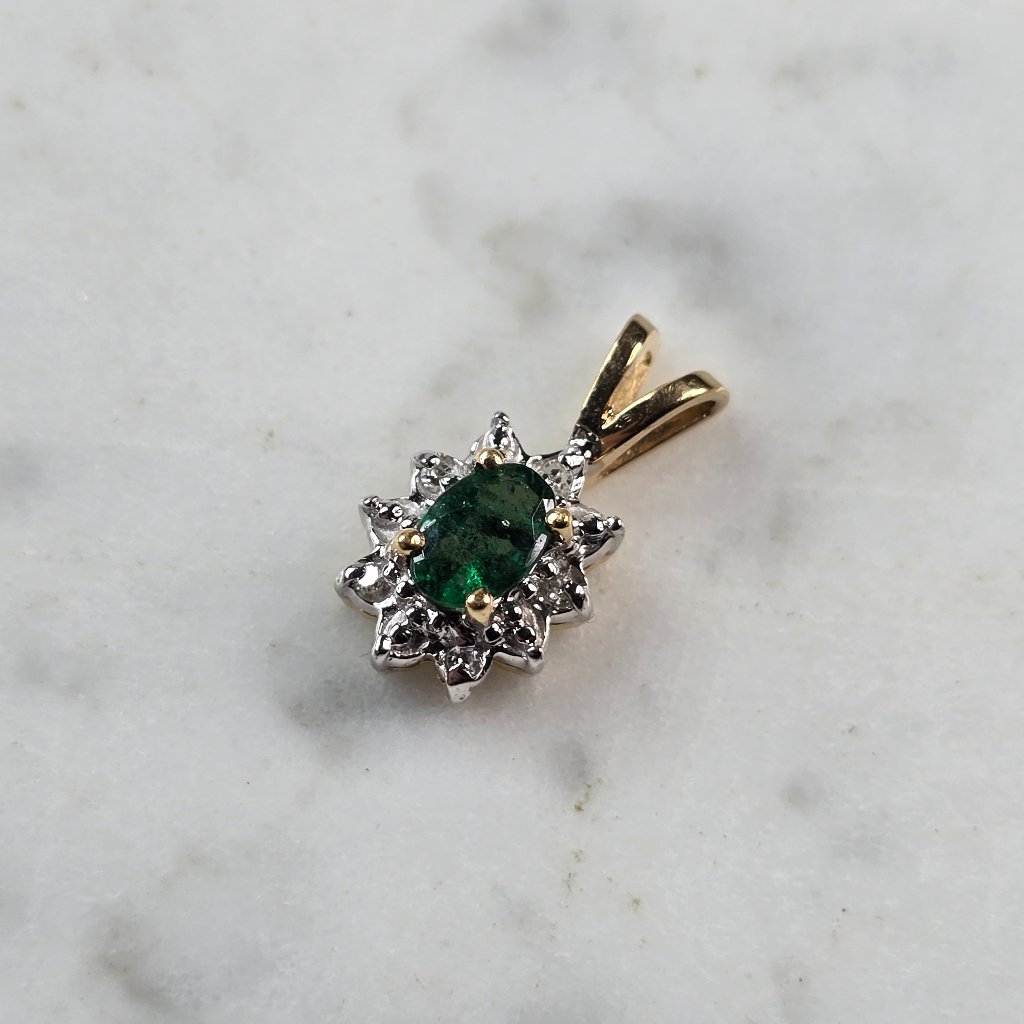 Womens Vintage Estate 10k Yellow Gold Diamond Emerald Pendant 1.3g E6580